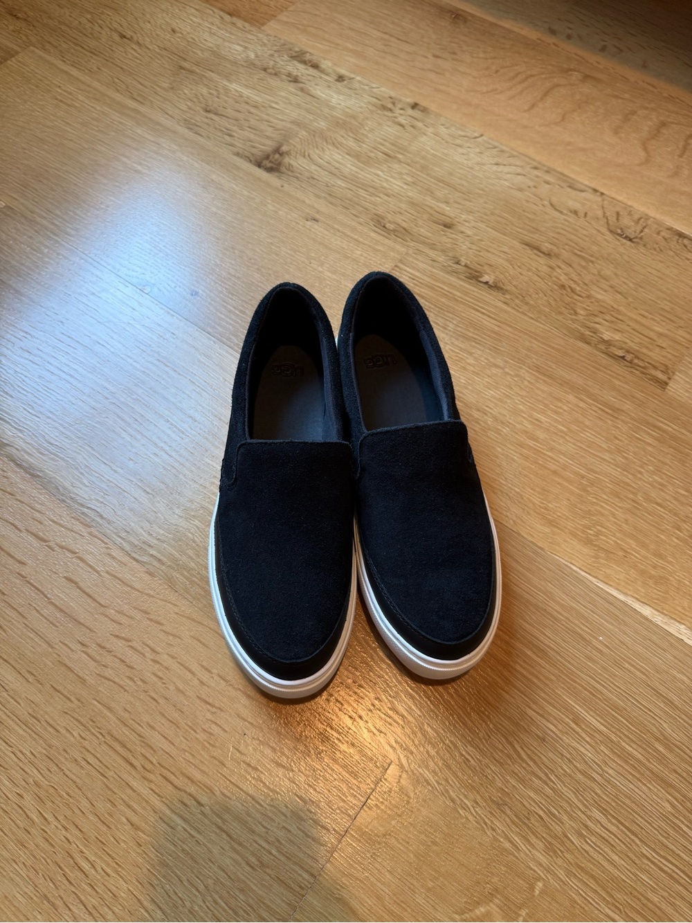 UGG Black Suede Slip-On Loafers with White Sole